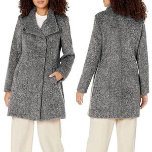 Kenneth Cole Womens Asymmetrical Pressed Boucle Wool Coat M Heathered Gray City